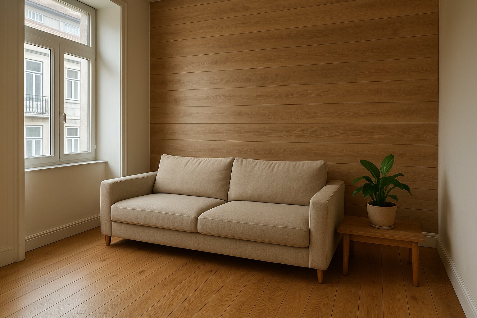 Simulation: living room with a wall covered in wood-effect vinyl behind a beige sofa